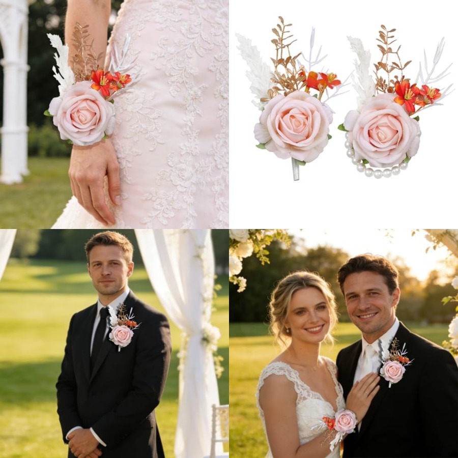Men Accessories For Wrist - Pink Wrist Corsage and Boutonniere Set,